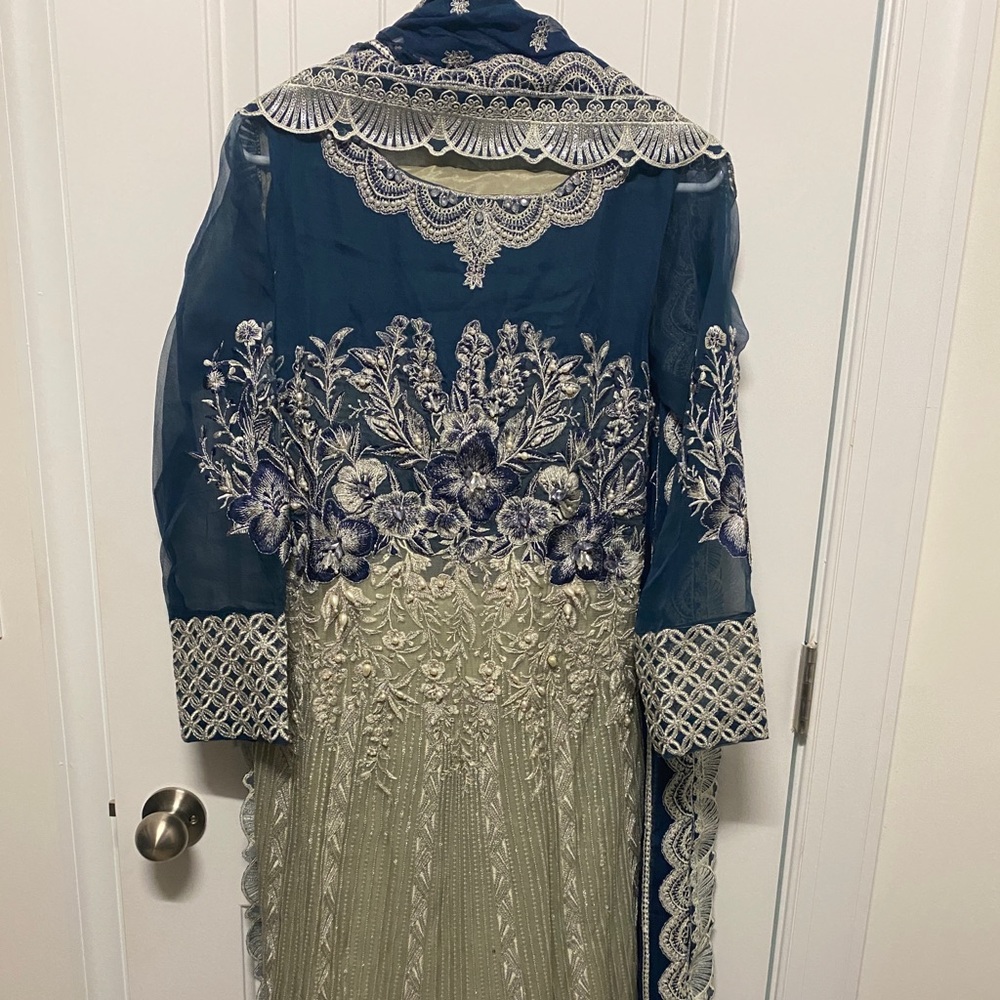 Brand new embroidered silver and teal blue shirt with trouser and dupatta